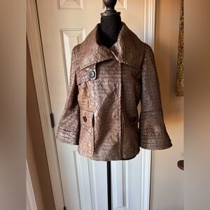 Per Se Brown Textured Faux Croc-Embossed Pea Coat size 6